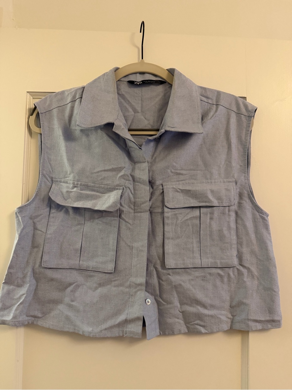 Zara Light Blue Sleeveless Button-Front Utility Shirt
